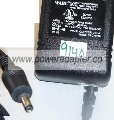 WAHL ADT-1 AC ADAPTER 1.2VDC 2000mA USED -(+) 0.9x3.7x7.5mm ROUN